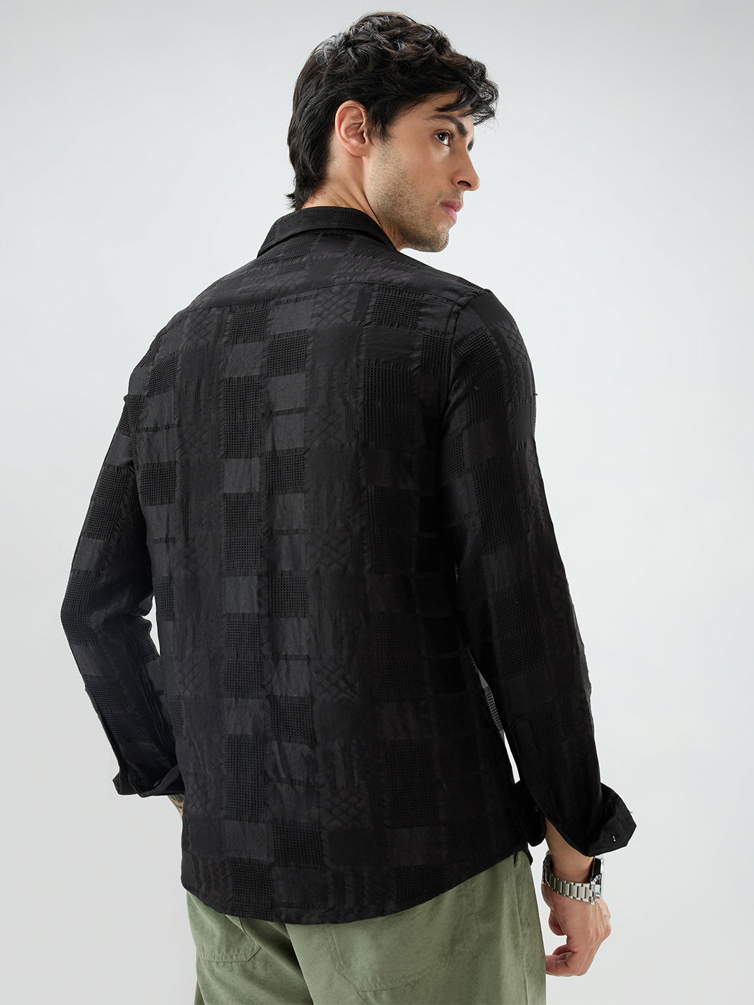Jet Black Block Checks Motif Embossed Textured Shirt