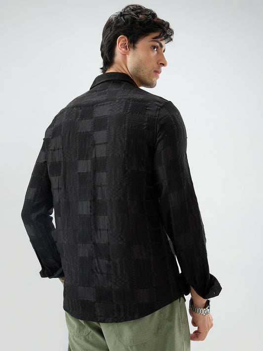 Jet Black Block Checks Motif Embossed Textured Shirt