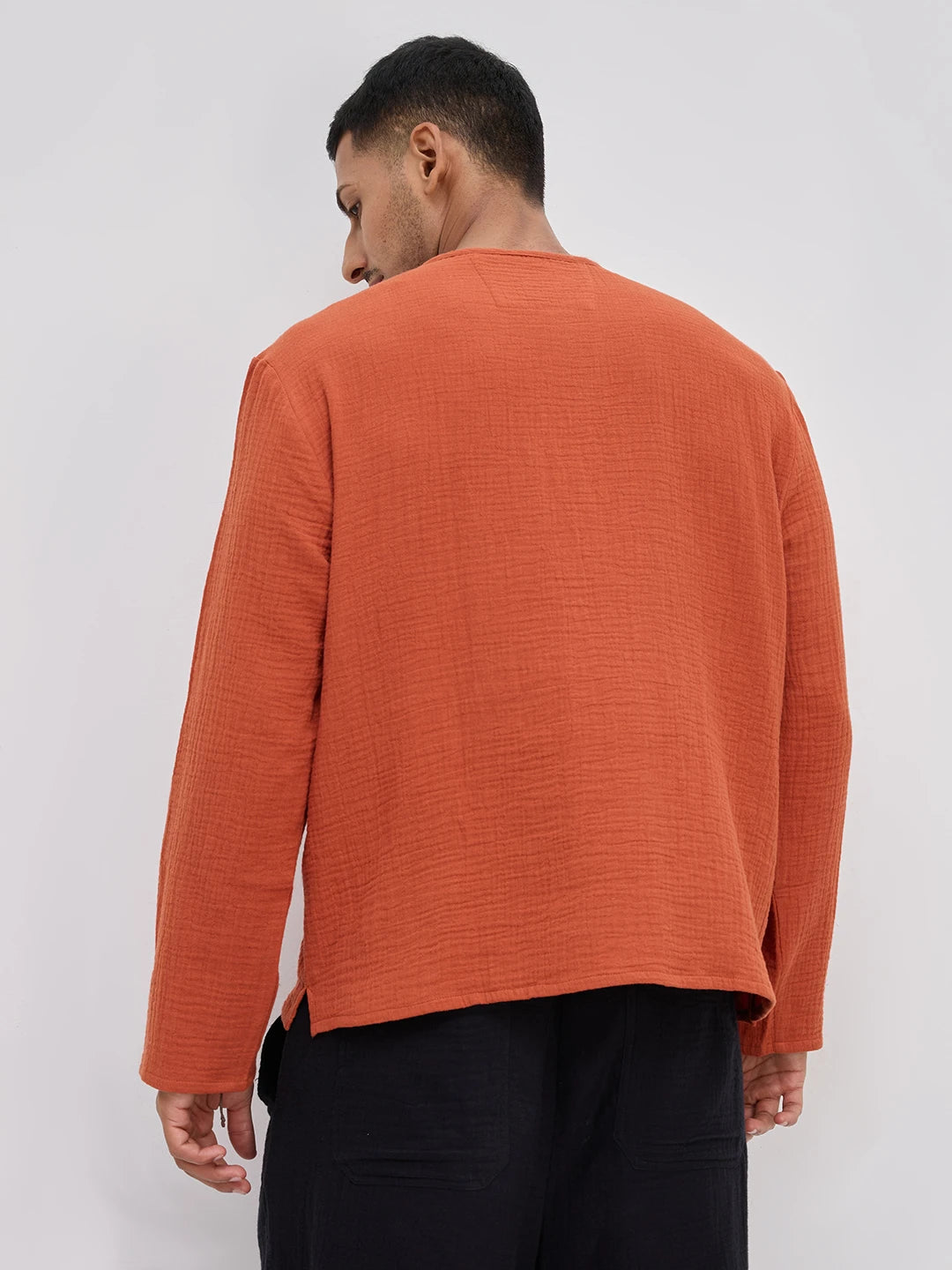 Soft Rust Double Cloth Henley Neck Oversized Shirt
