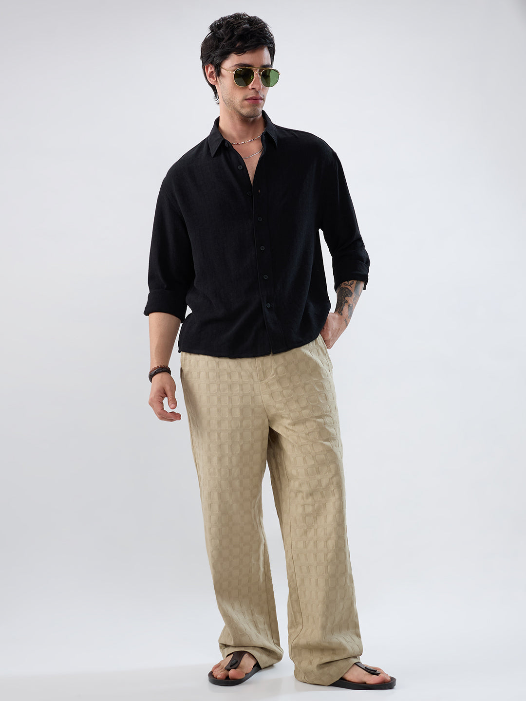Light Khaki Square Emboss Straight-Fit Trousers