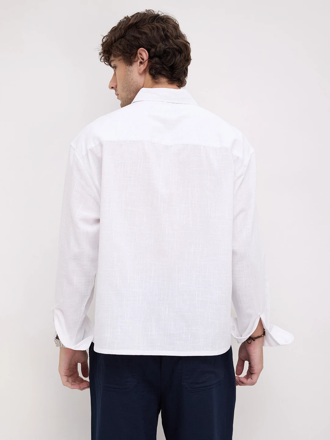 Sheer Snow White Micro Textured Boxy Fit Crop Shirt