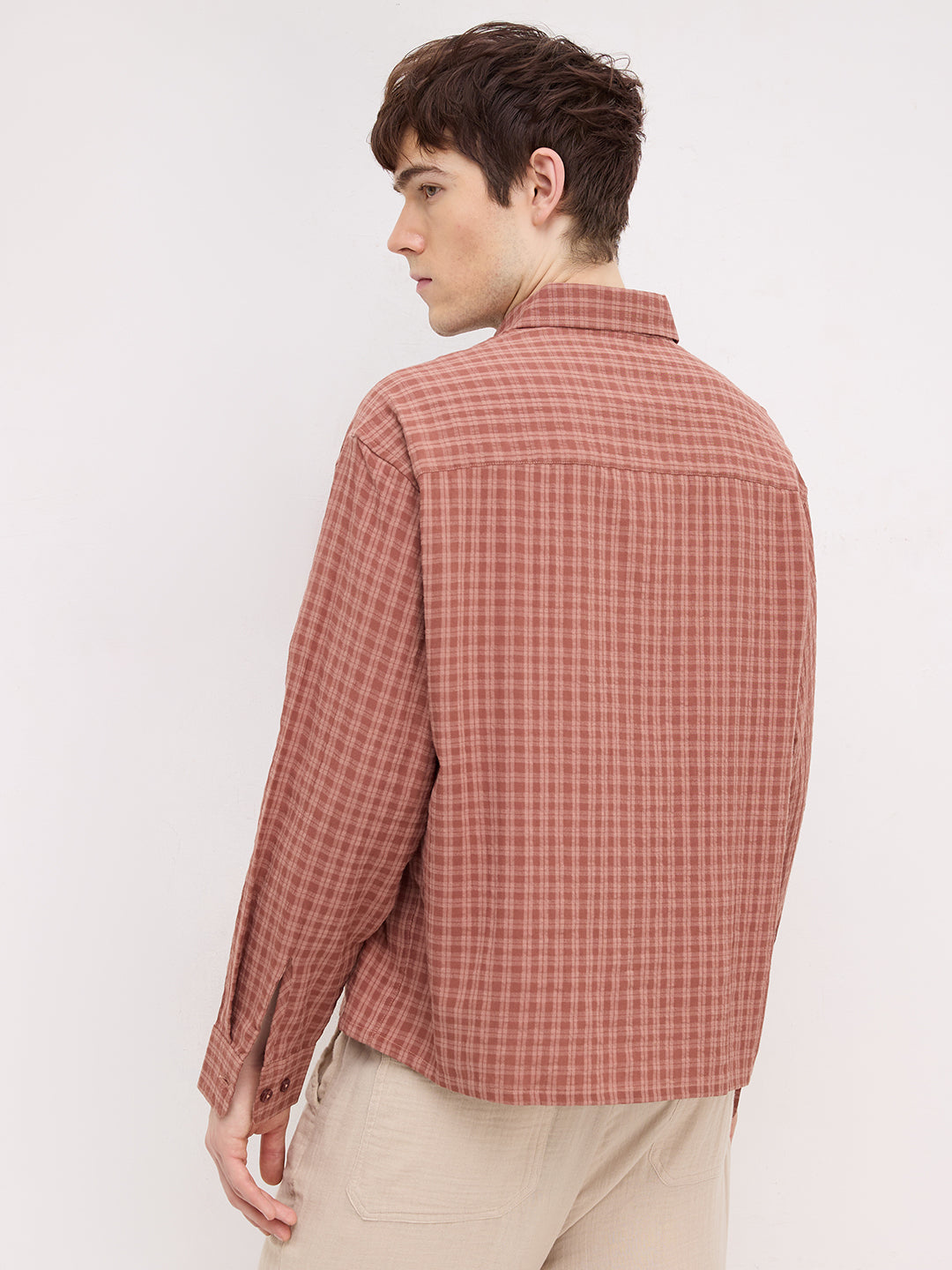 Rustic Brick Brown Atelier Checked Boxy Fit Crop Shirt
