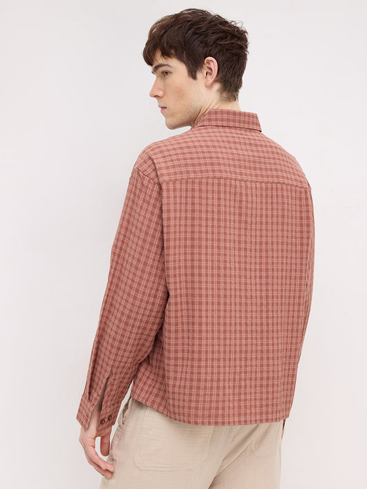 Rustic Brick Brown Atelier Checked Boxy Fit Crop Shirt