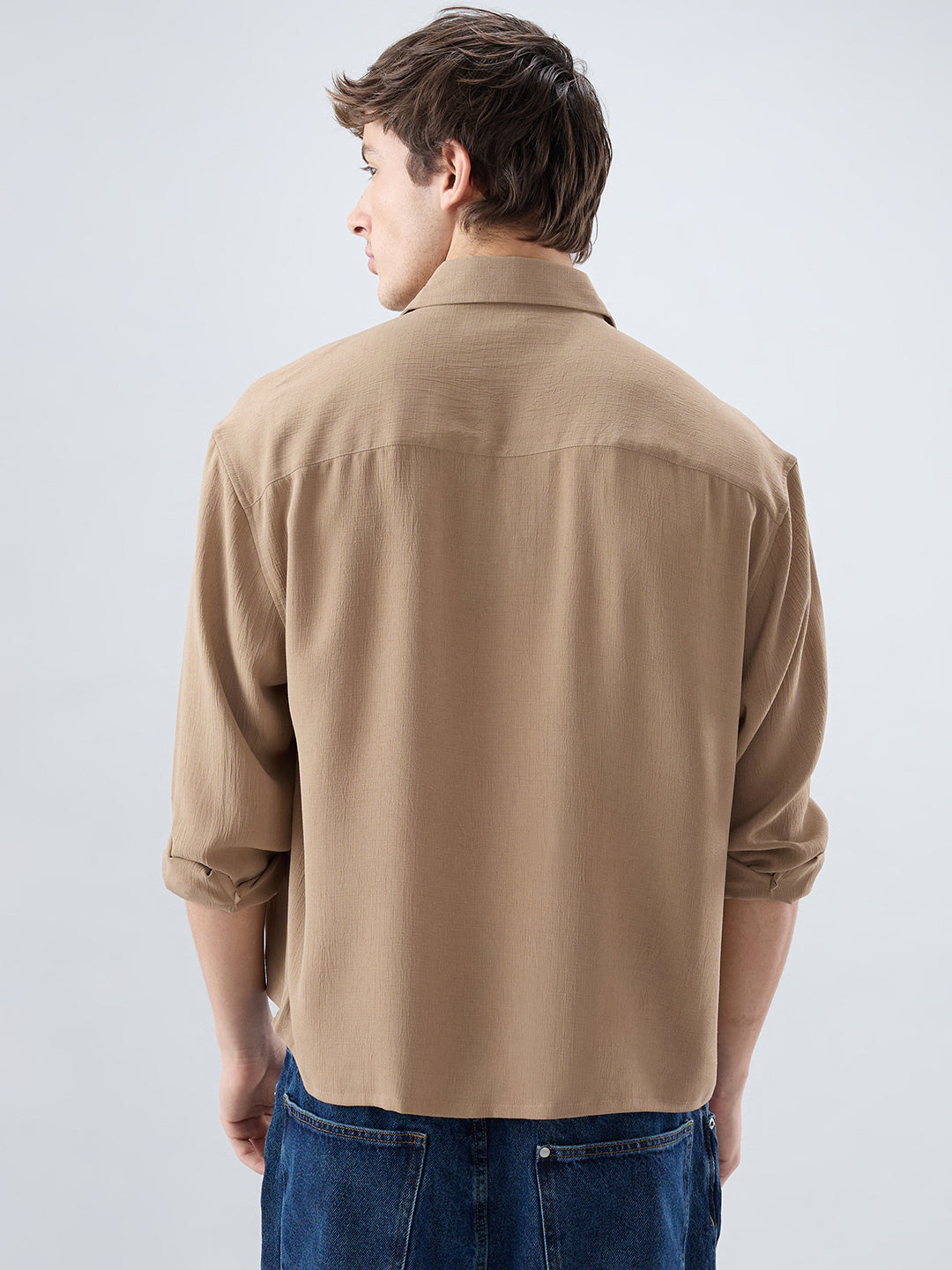 Khaki Olive Fine Grid Textured Boxy Fit Oversized Shirt