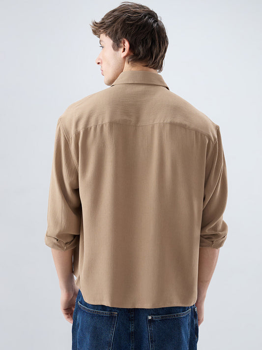 Khaki Olive Fine Grid Textured Boxy Fit Oversized Shirt