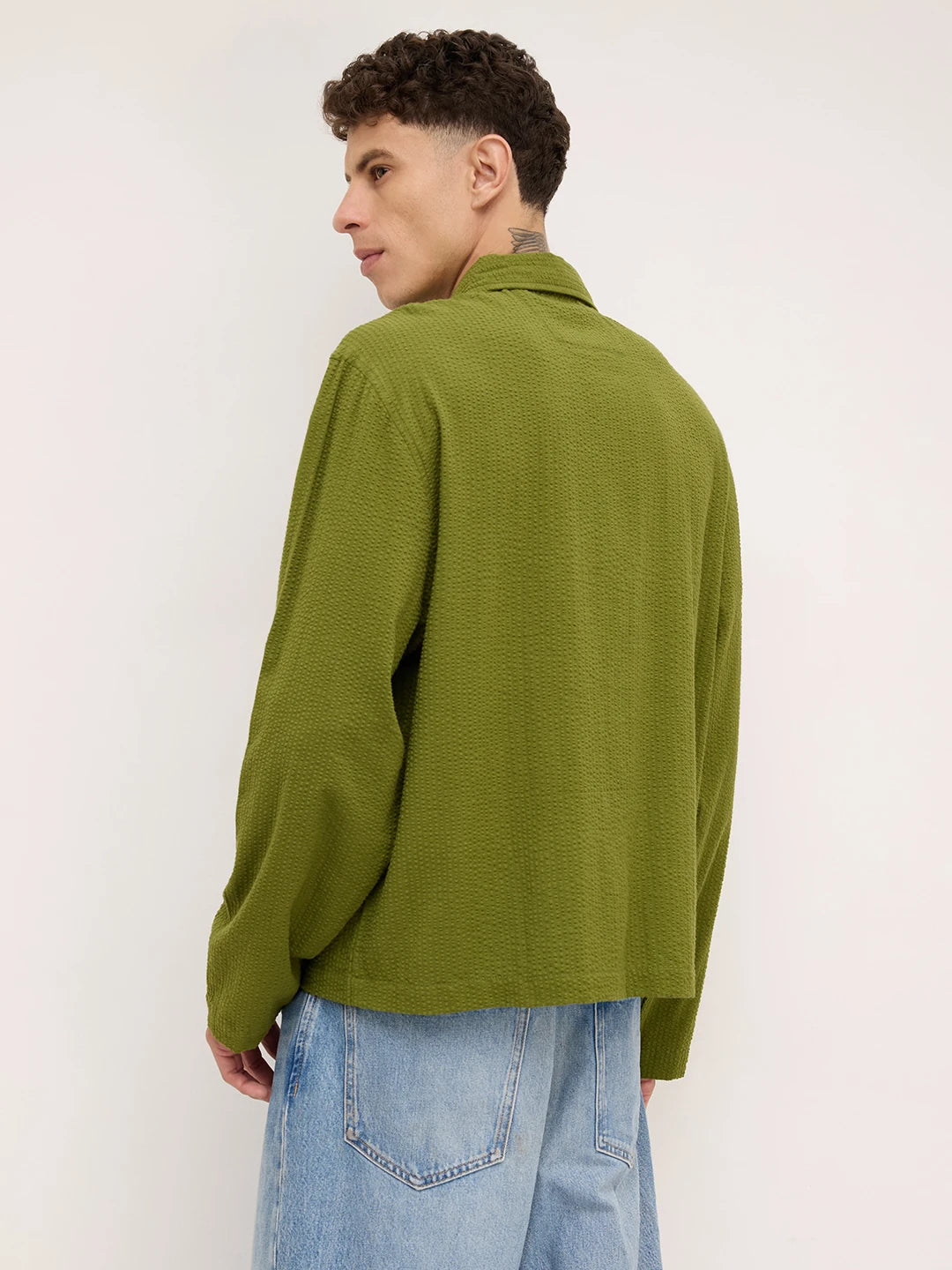 Forest Green Seersucker Cuffless Oversized Shirt