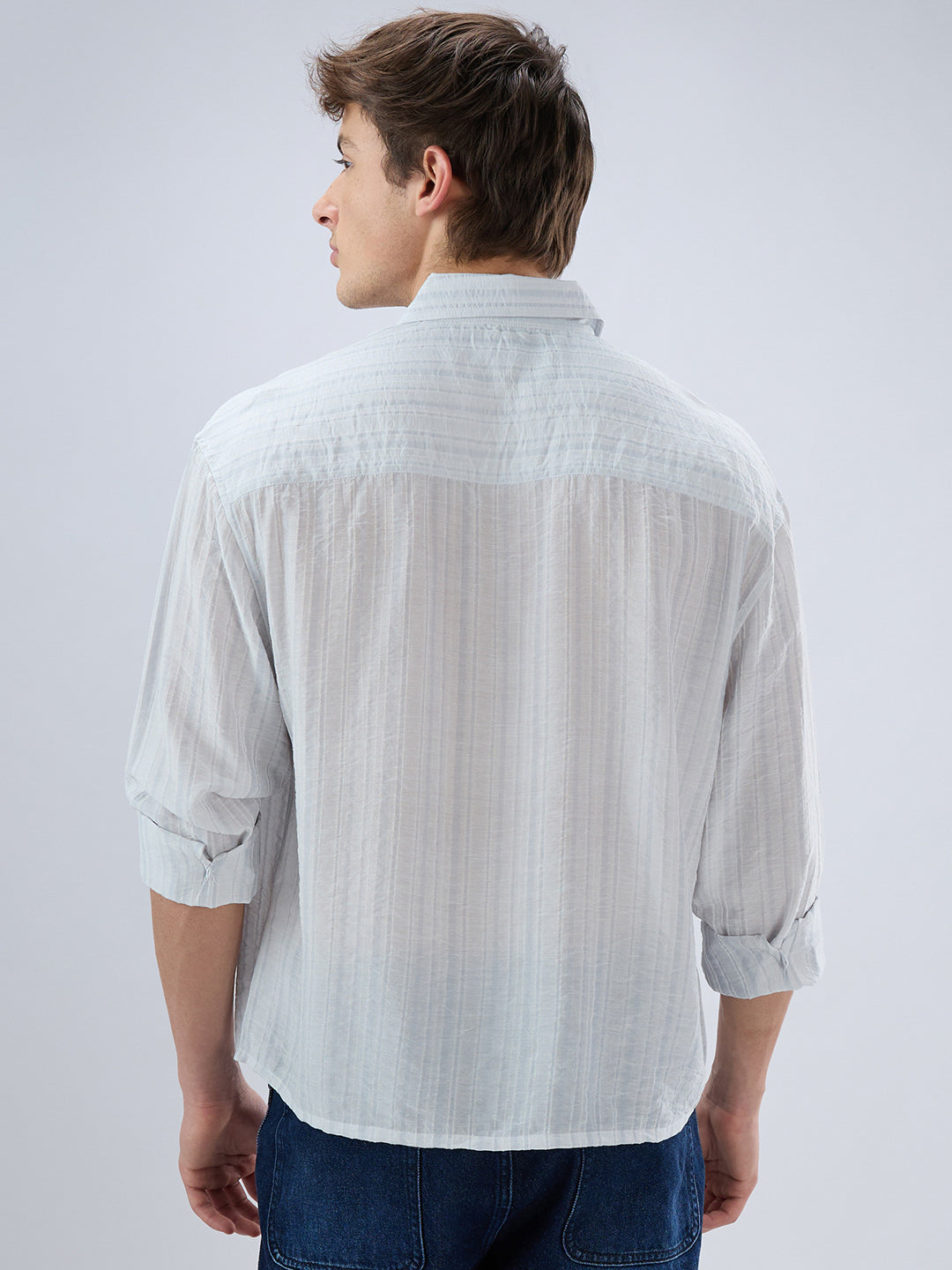 Elegant Cloud Grey Airstripe Crinkled Boxy Fit Crop Shirt