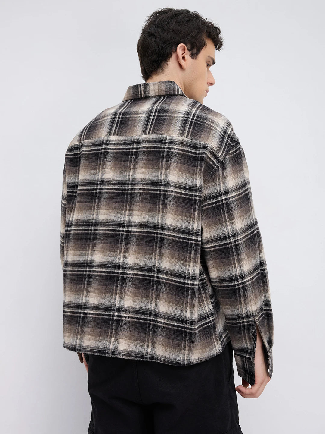 Rich Black & Brown Winter Plaid Shadow Checks Flannel Boxy Fit Crop Shirt