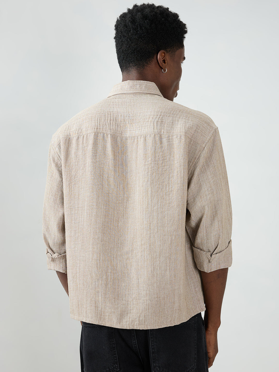 Classic Taupe Grey Textured Boxy Fit Crop Shirt