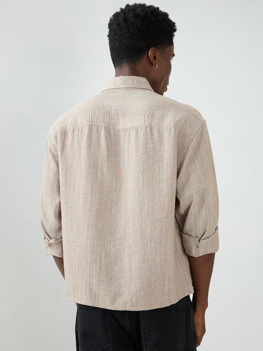 Classic Taupe Grey Textured Boxy Fit Crop Shirt