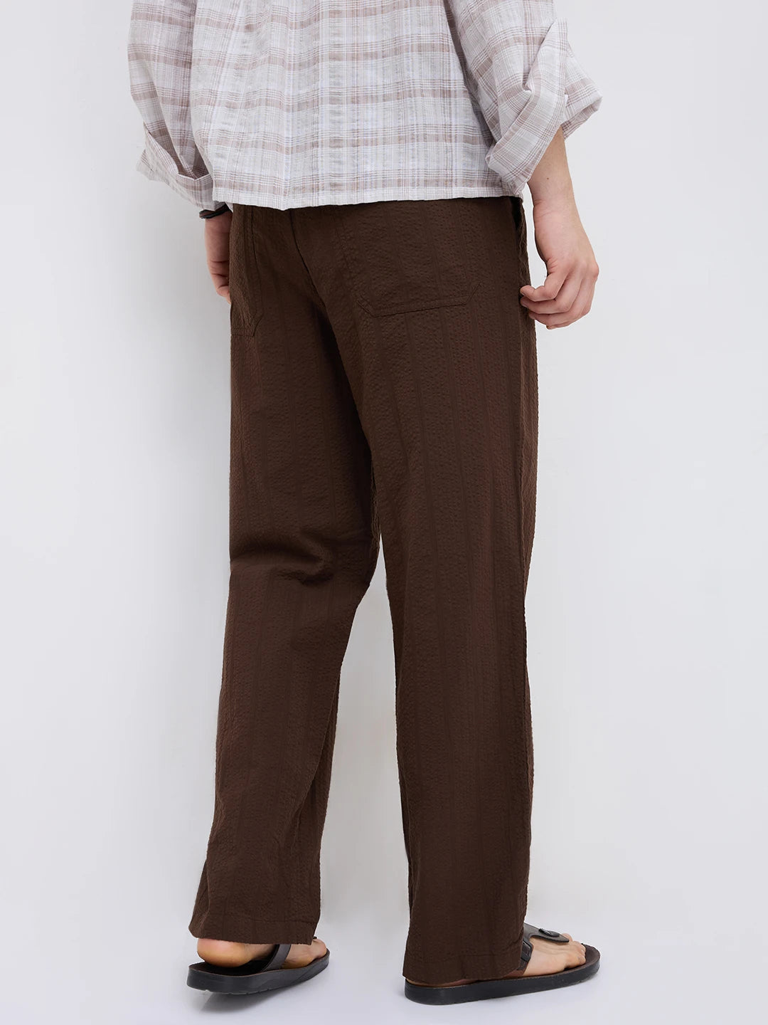 Luxe Brown Seersucker Striped Straight Fit Trousers