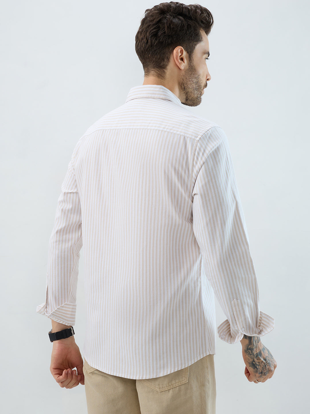Natural Beige Candy Striped Oxford Button-Down Business Shirt