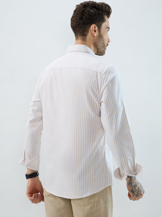 Natural Beige Candy Striped Oxford Button-Down Business Shirt