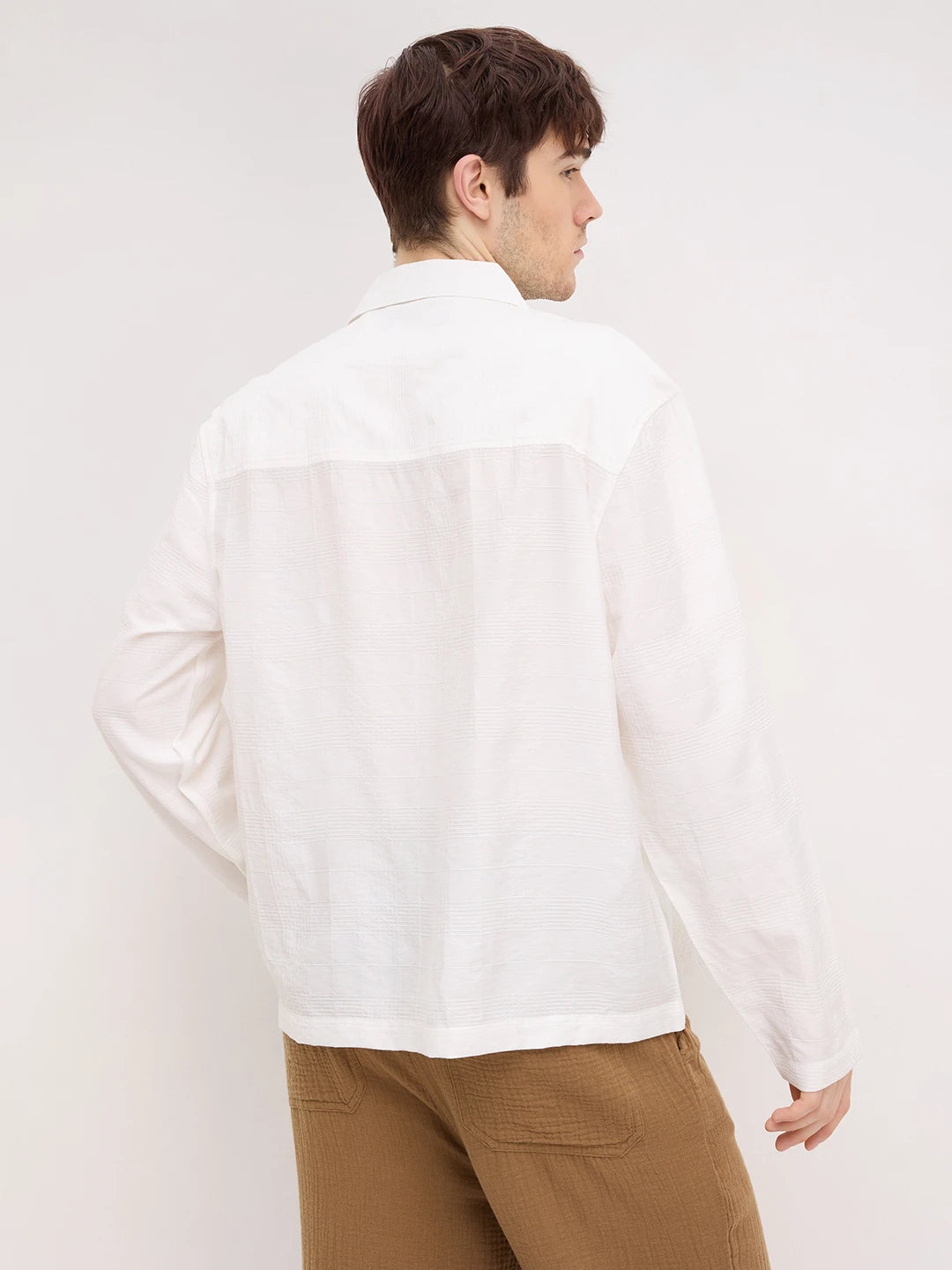 Artisan Pearl White Plaid Textured Notch Collar Oversized Shirt