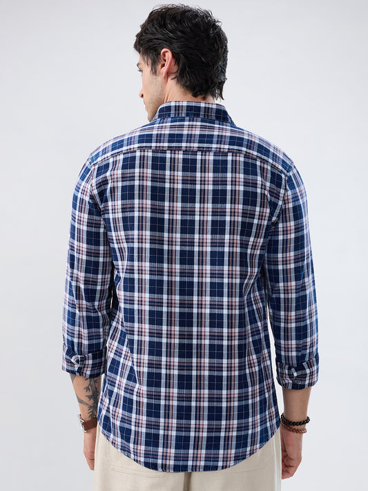 Denim White & Navy Herringbone Plaid Checks Shirt