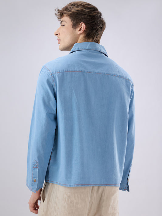 Blue Breeze Soft-Denim Cuffless Oversized Shirt