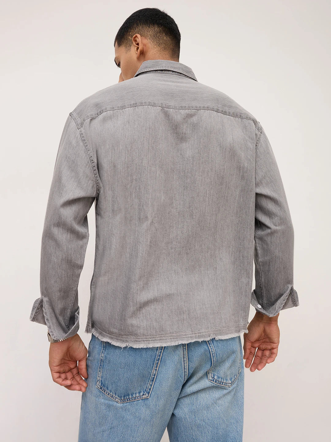 Refined Stonewashed Grey Boxy Fit Crop Shirt