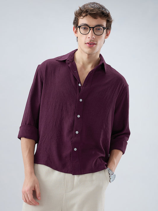 Deep Maroon Soft Crush Fine Grid Textured Boxy Fit Crop Shirt