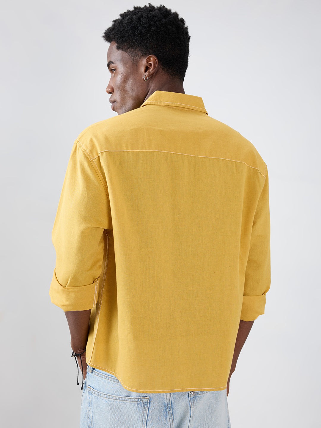 Luxe Mustard Contrast Stitch Linen Blend Boxy Fit Crop Shirt