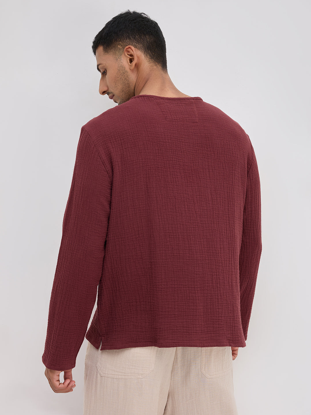 Debonair Maroon Double Cloth Henley Neck Oversized Shirt
