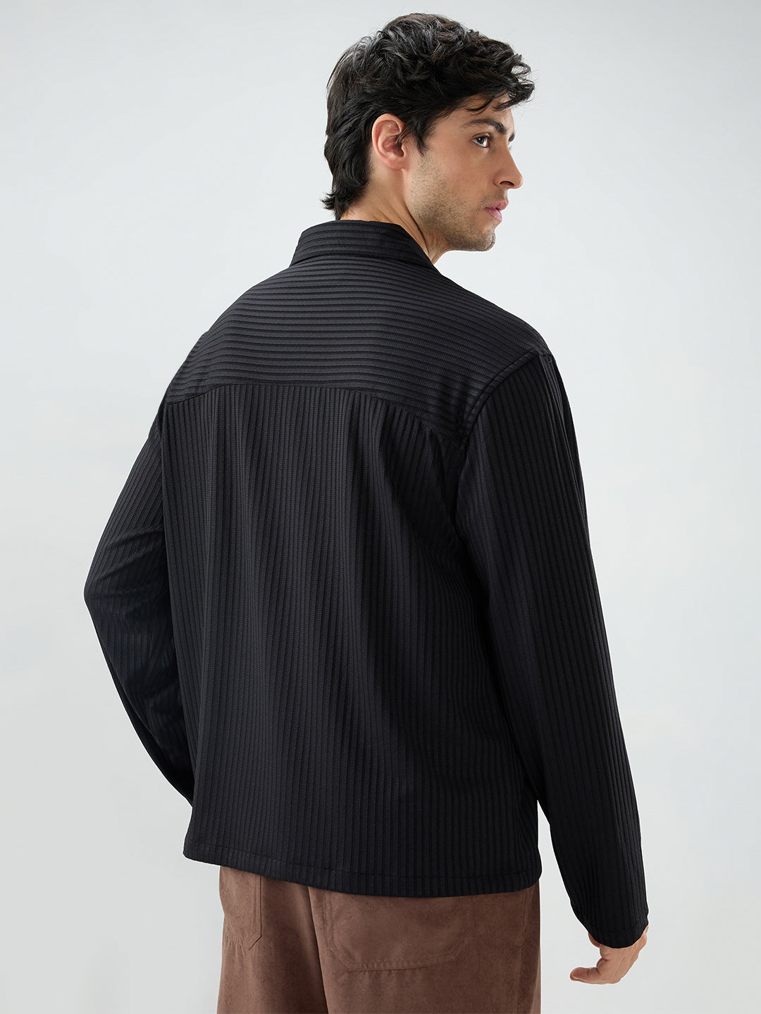 Black Dual Weave Striped Oversized Polo Knit Shirt