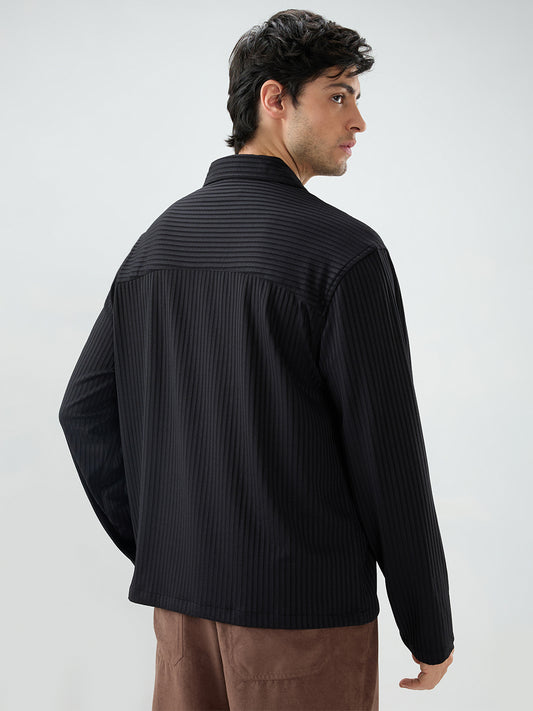 Black Dual Weave Striped Oversized Polo Knit Shirt