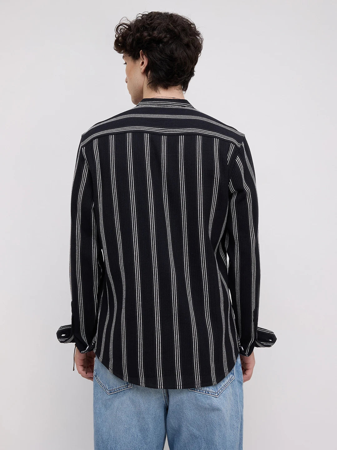 Black & White Vertical Striped Mandarin Shirt