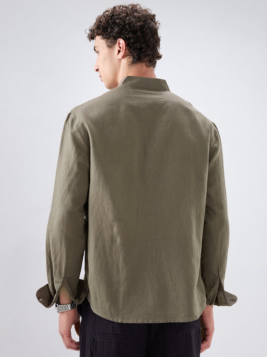 Solid Olive Stand Collar Linen Blend Oversized Shirt