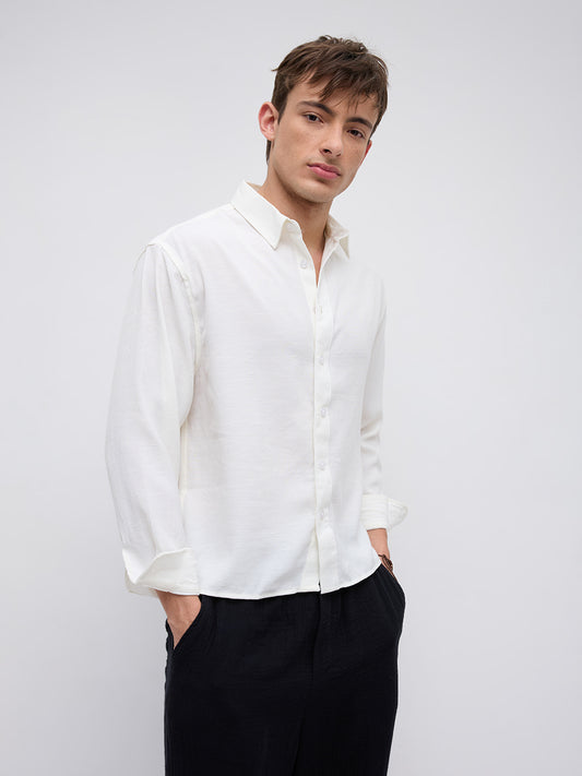Pearl White Slub Crinkled Boxy Fit Crop Shirt