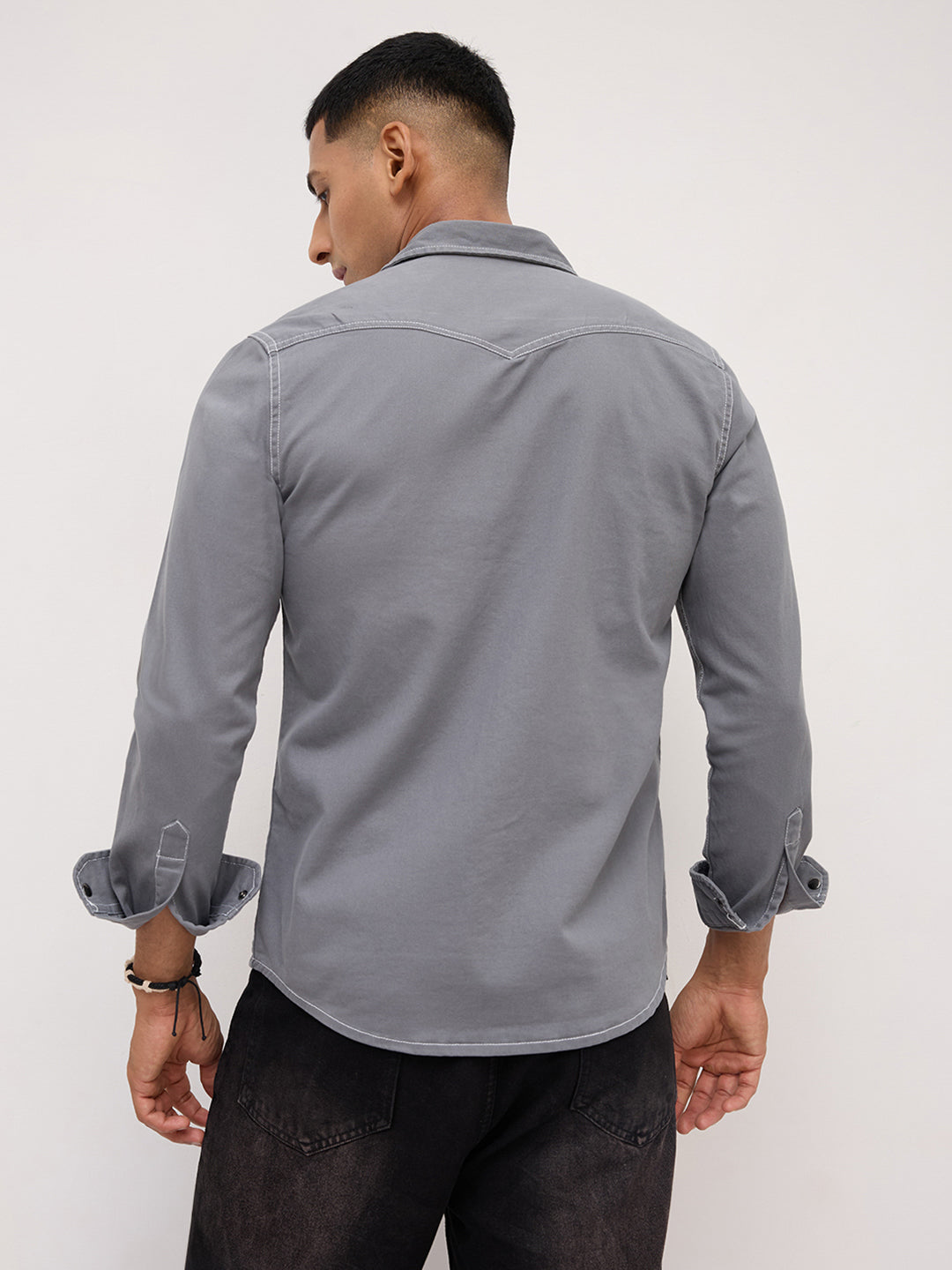 Slate Grey Contrast Stitch Twin Pocket Overshirt