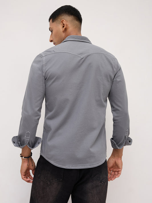 Slate Grey Contrast Stitch Twin Pocket Overshirt
