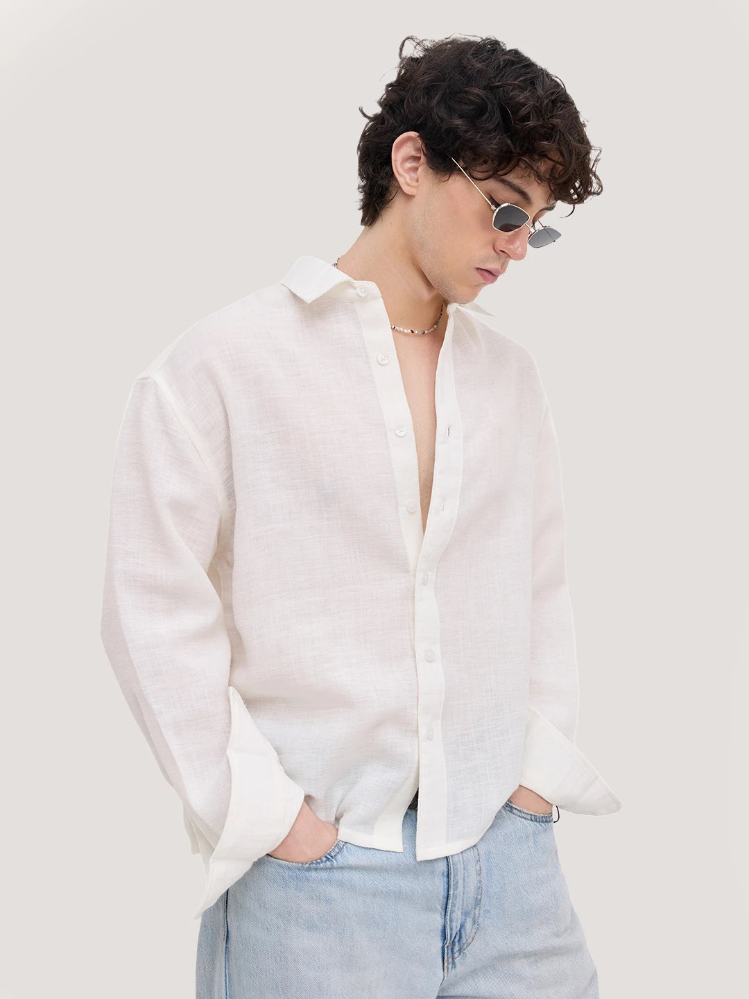 Plush Frost White Sheer Weave Boxy Fit Crop Shirt