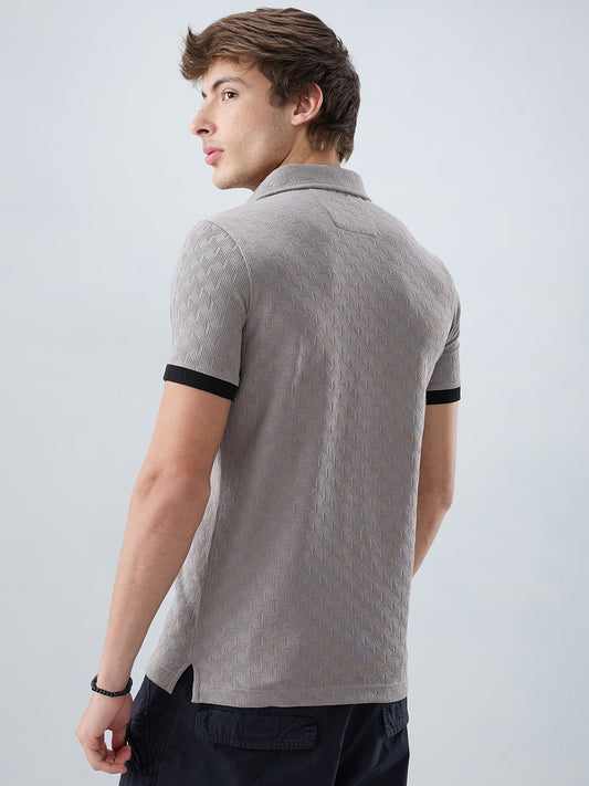 Shadow Grey Textured Contrast Polo Neck Knit T-shirt