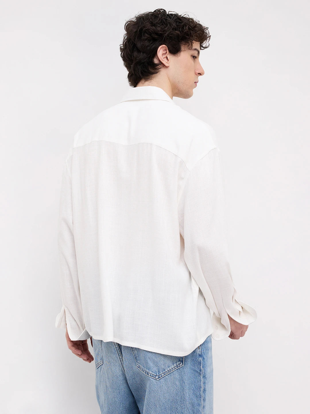 Pearl White Grid Textured Boxy Fit Crop Shirt
