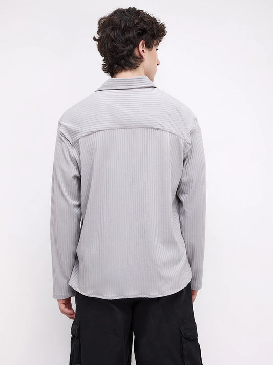 Ash Grey Dual Weave Striped Oversized Polo Knit Shirt