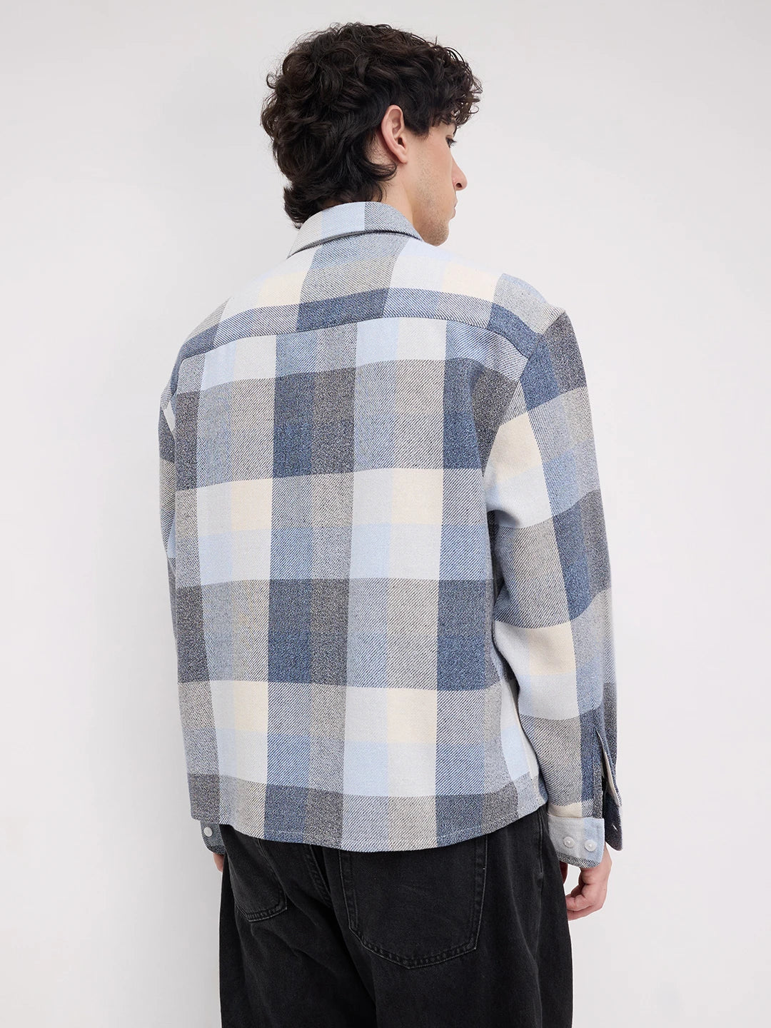 Navy & Blue Broad Checks Boxy Fit Flannel Crop Shirt