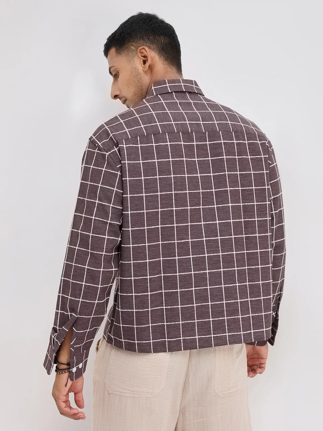 Espresso Brown Contrast Square Checks Boxy Fit Crop Shirt