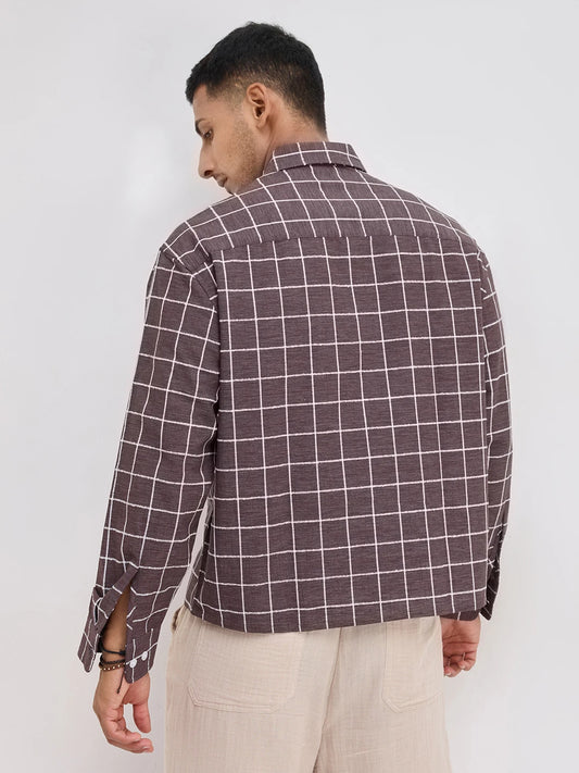 Espresso Brown Contrast Square Checks Boxy Fit Crop Shirt