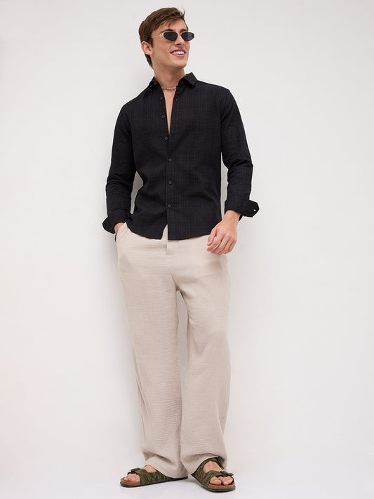 Plush Black Ledger Checks Double Cloth Shirt