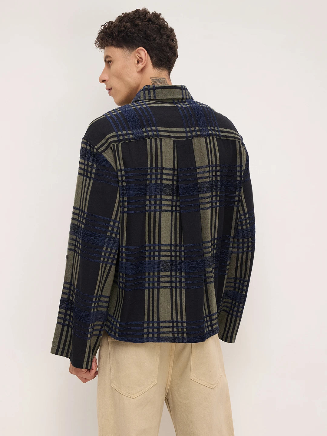 Olive & Navy Raised Plaid Checks Cuffless Oversized Crop Shirt