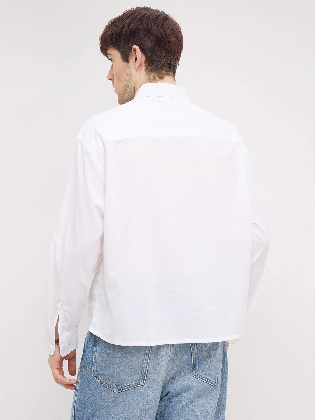 Pearl White Linen Blend Boxy Fit Crop Shirt