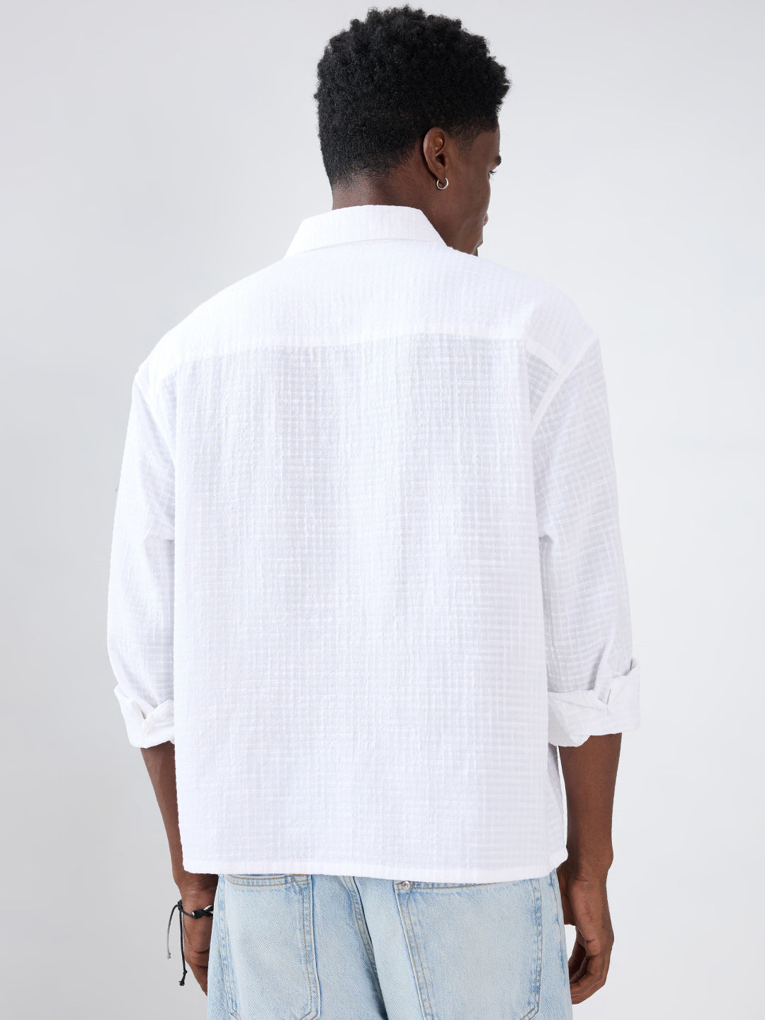 Snow White Micro Grid Textured Weave Boxy Fit Crop Shirt
