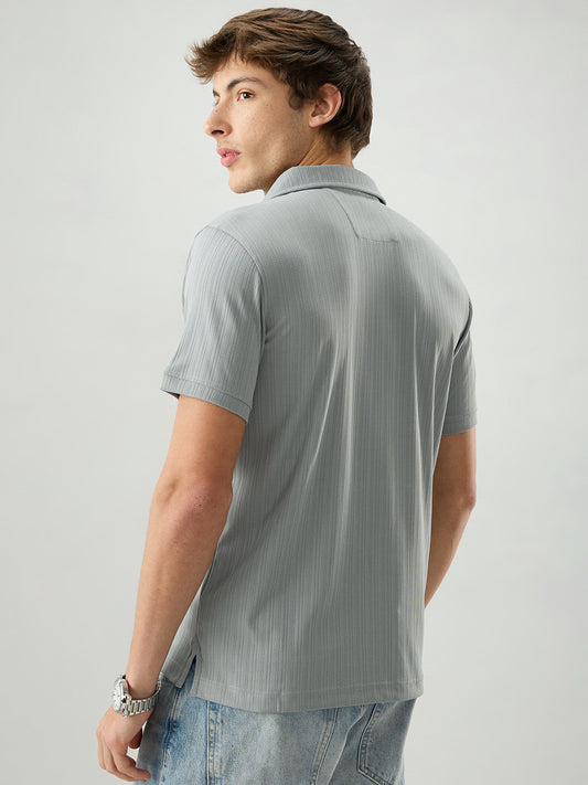 Refined Grey Hairline Striped Polo Knit T-Shirt