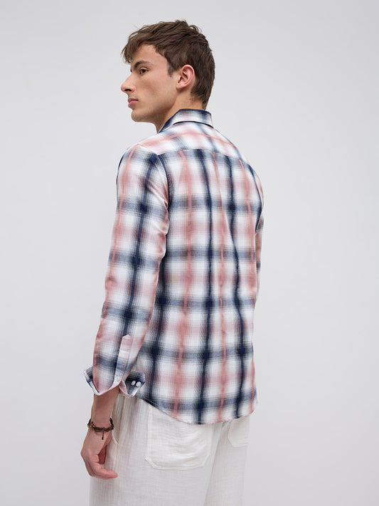 Premium Navy & Pink Textured Plaid Checks Shirt