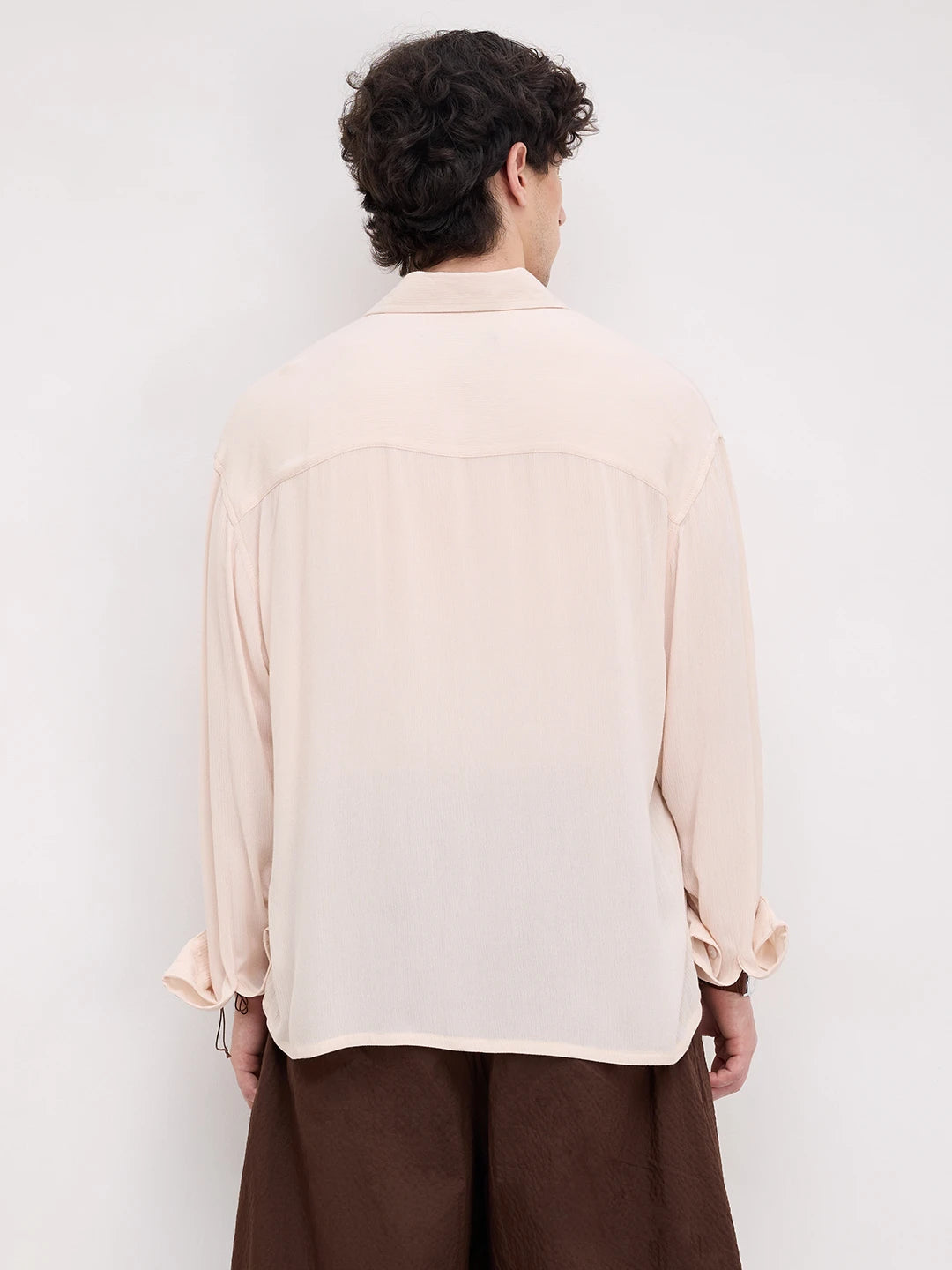 Soft Pastel Beige Crepe Textured Boxy Fit Shirt