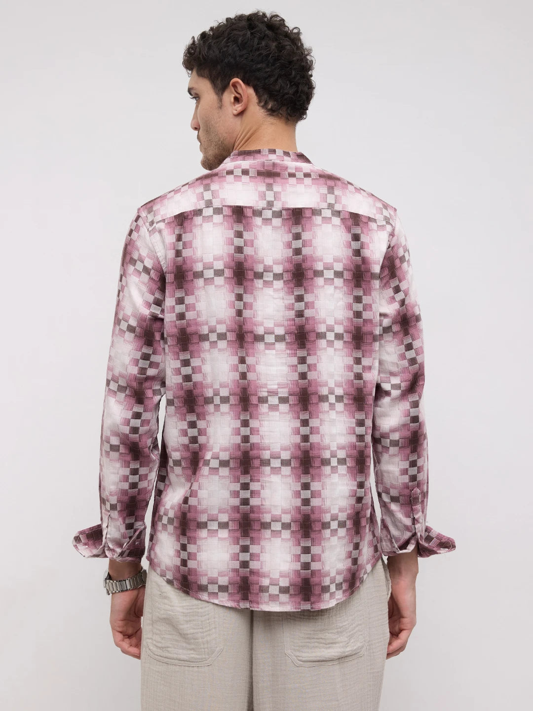 Turkish Rose Pink Pixel Block Checks Kurta