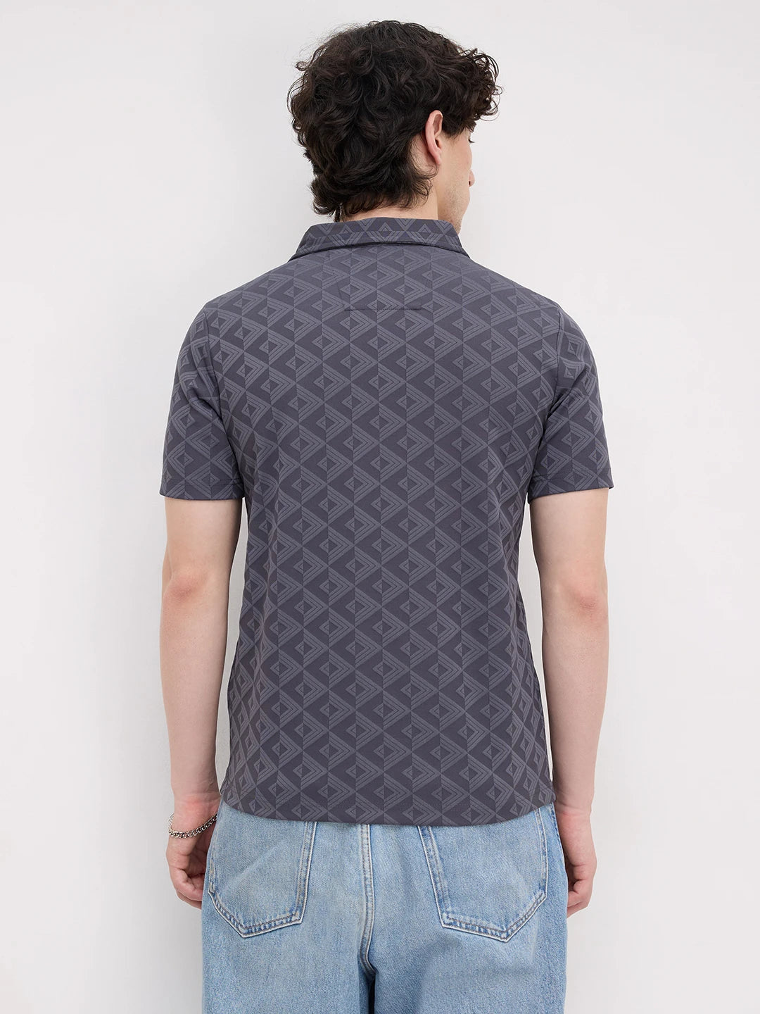 Slate Grey Diamond Embossed Zip Polo Tee