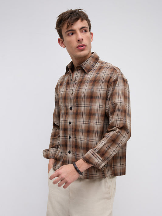 Cocoa Haze Gradient Plaid Classic Boxy Fit Crop Shirt