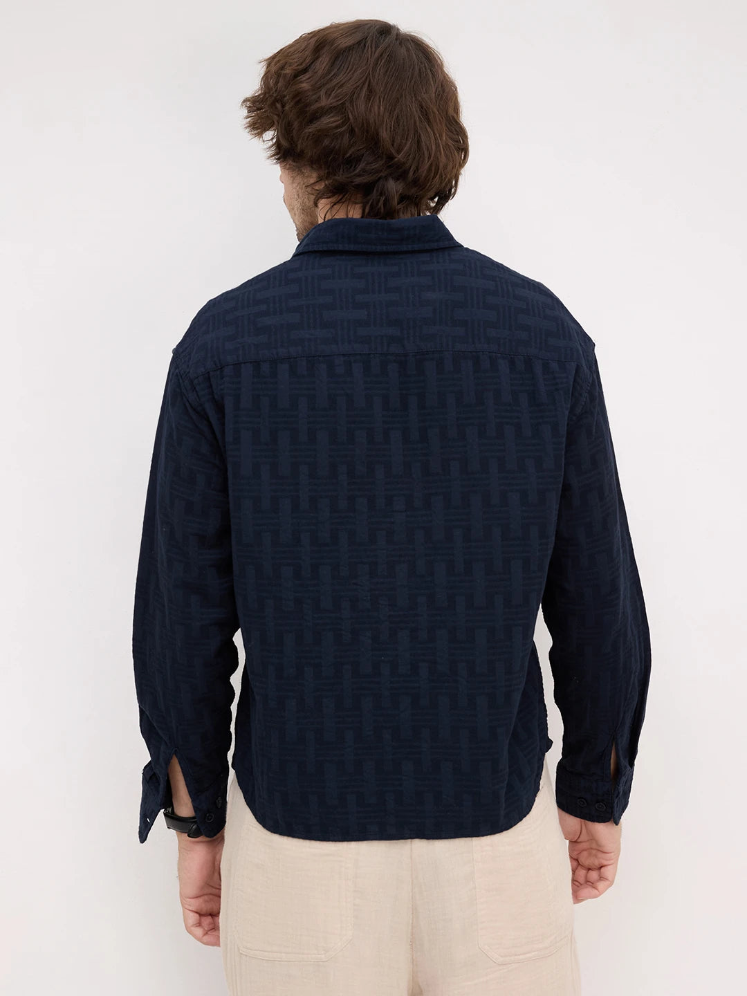 Distinguished Navy Architectural Weave Boxy Fit Crop Shirt