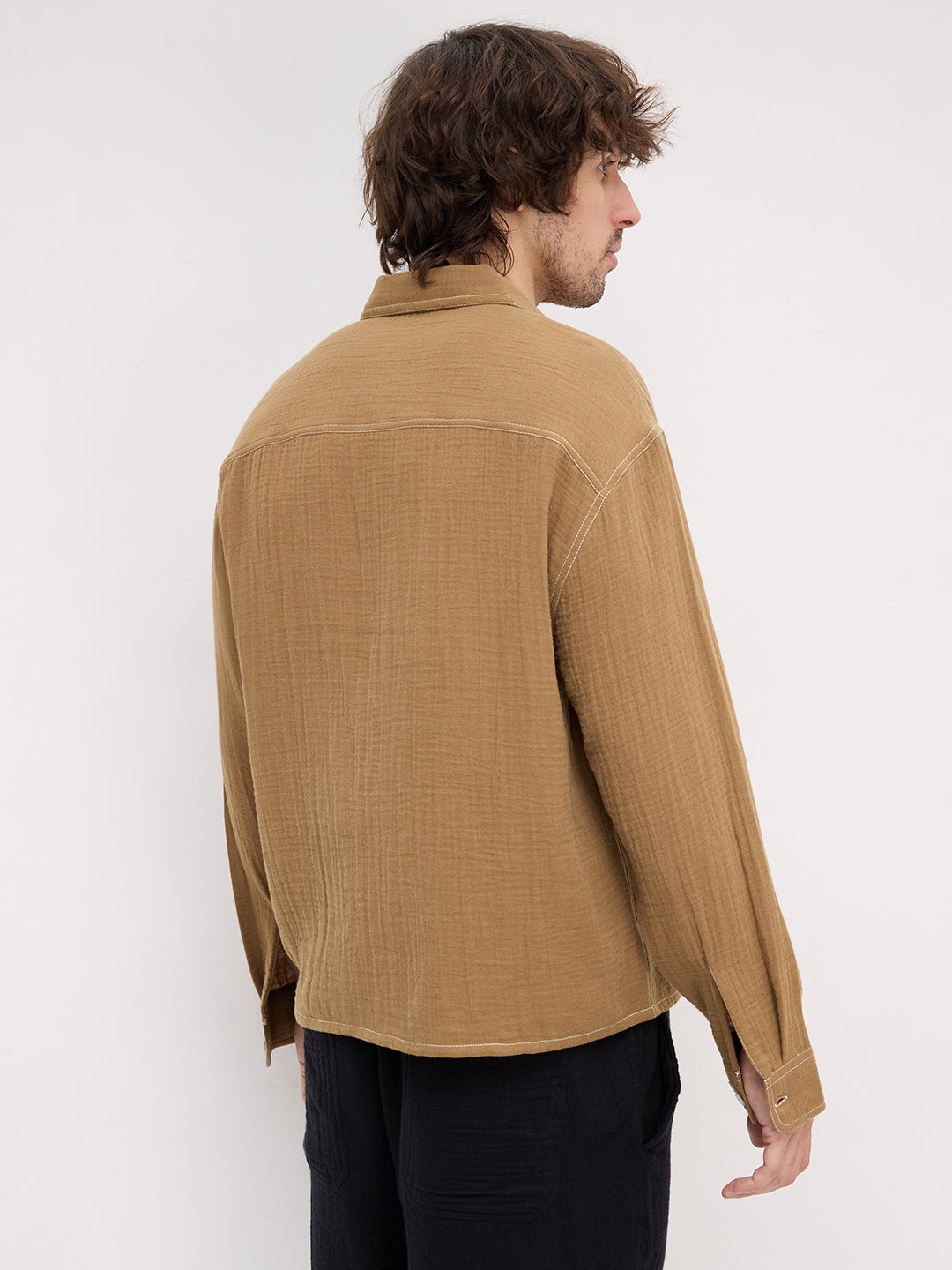 Wood Brown Double Cloth Contrast Stitch Boxy Fit Crop Shirt